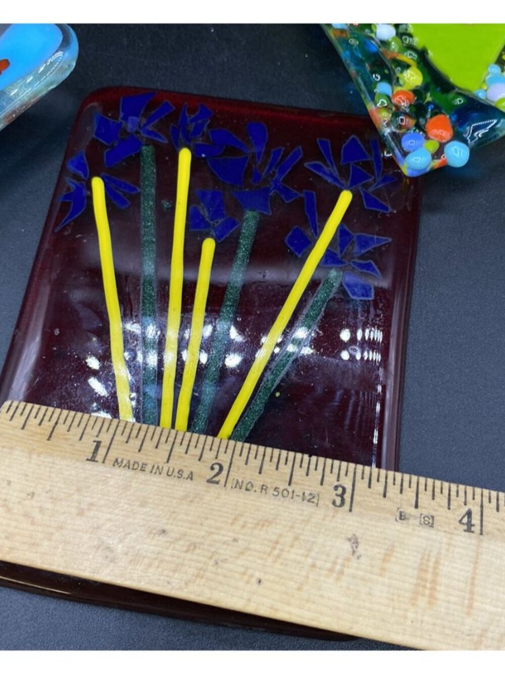 Fused Art Glass Coaster & Trinket Bowls Iris Flowers Abstract & Golf Flag LOT 3 - Picture 12 of 13